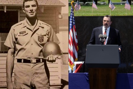 Left: Actor Tom Selleck as a member of the California Army National Guard. Right: Selleck speaking at the Vietnam Veterans Memorial in 2012.